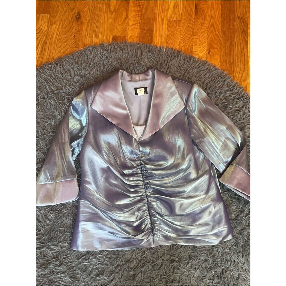 XSCAPE Joanna Chen Iridescent Lavender Blue Ruched Satin Blouse Size 16W